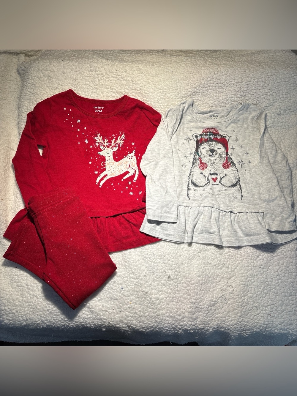 Carter's Red Reindeer Pajama Set & Light Gray Bear Peplum Top
